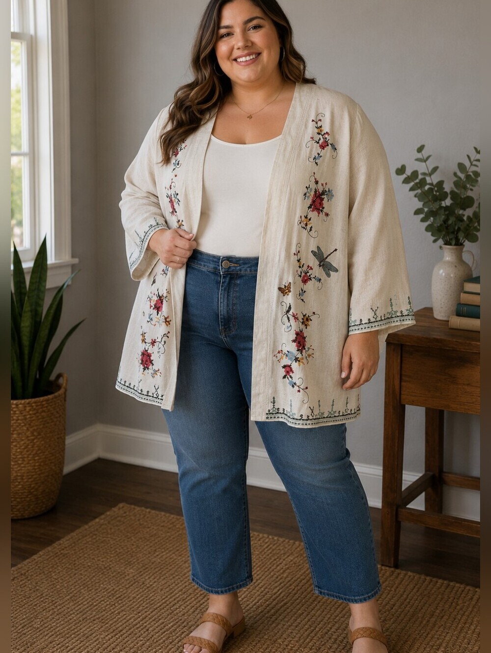 Solitaire Linen Blend Kimono Cardigan Size 3X Beige Floral Embroidered Boho NWT